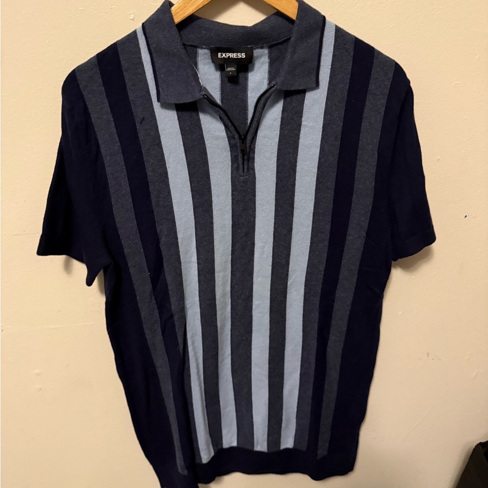 Quarter Zip Navy and Gray Striped Sweater Polo